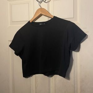 Essential Black Roll Sleeve Crop T Shirt